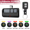 LiftMaster 893MAX replacement remote control shown with various color options for universal keychain use