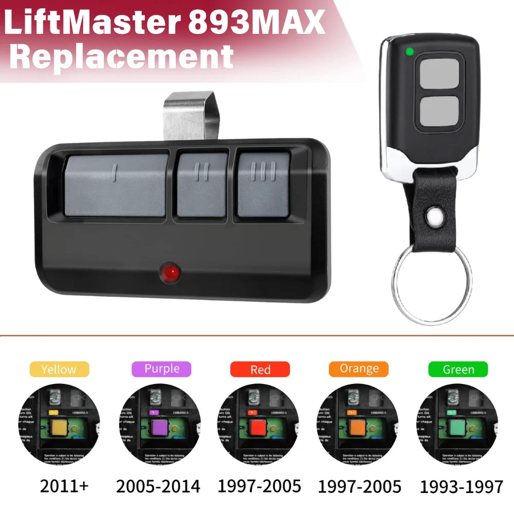 LiftMaster 893MAX replacement remote control shown with various color options for universal keychain use