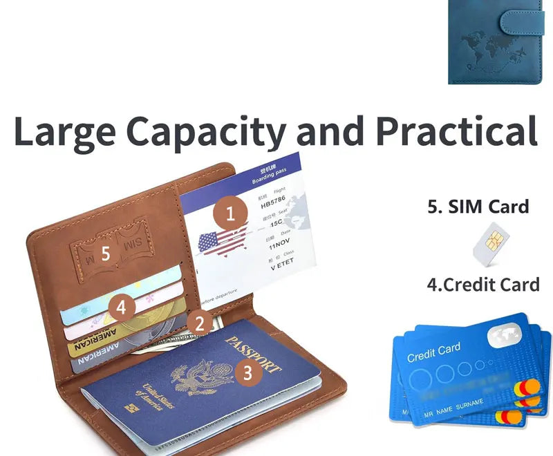 A brown leather passport holder displaying slots for a passport, credit card, SIM card, and other cards.