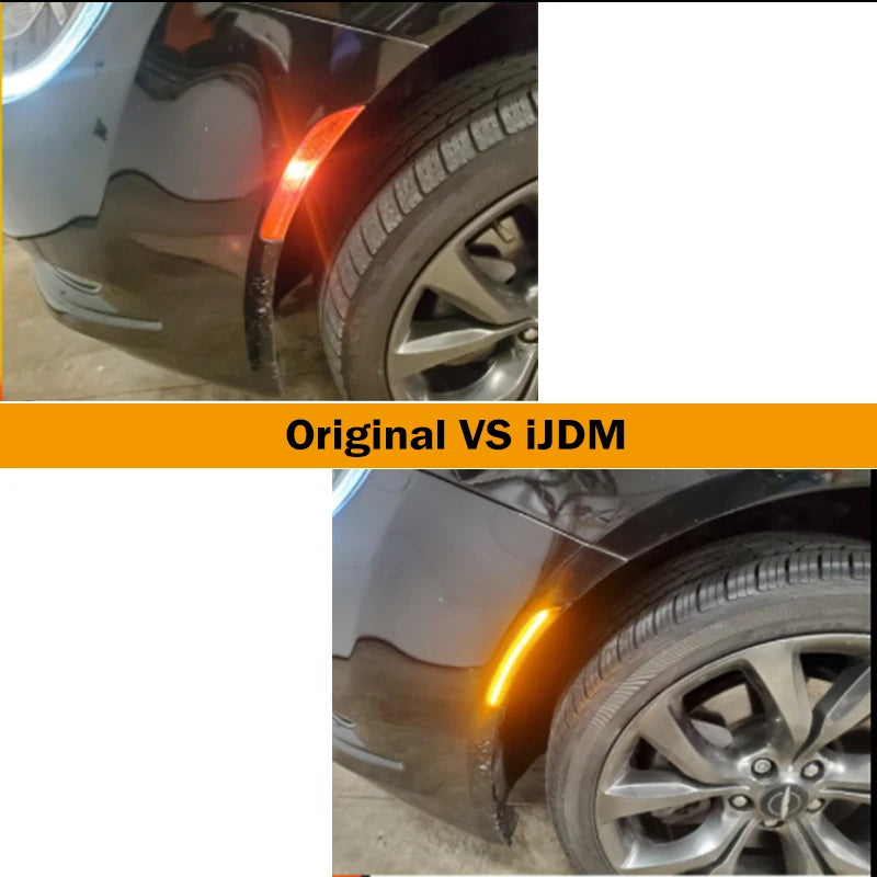 Comparison showing original and iJDM smoked LED side marker lights on a car's rear fender.