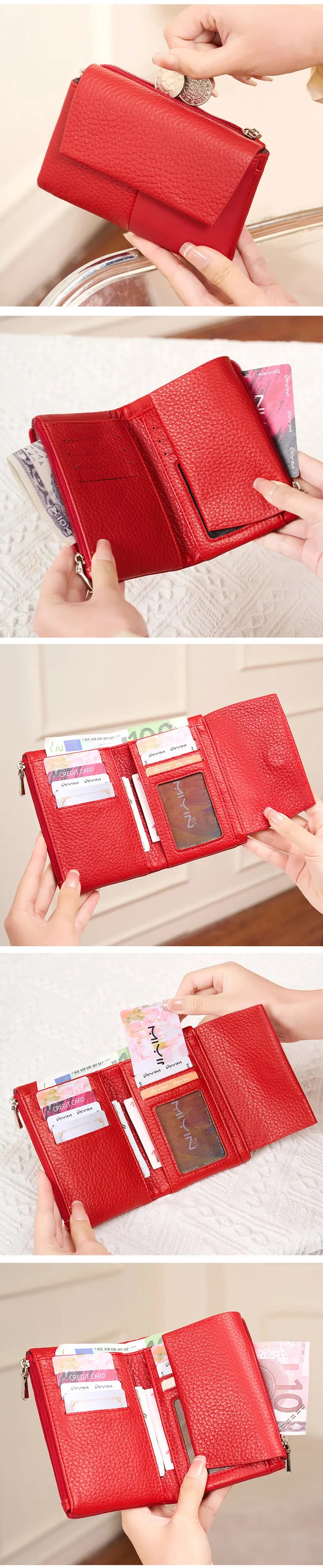 A close-up of a red leather tri-fold wallet with a zipper and coin pocket being held by a hand.