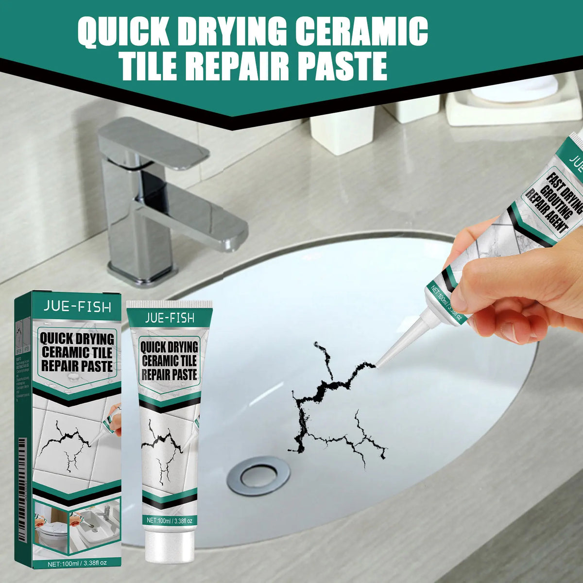 A tube of quick drying ceramic tile repair paste is being applied to a crack in a white ceramic sink surface.