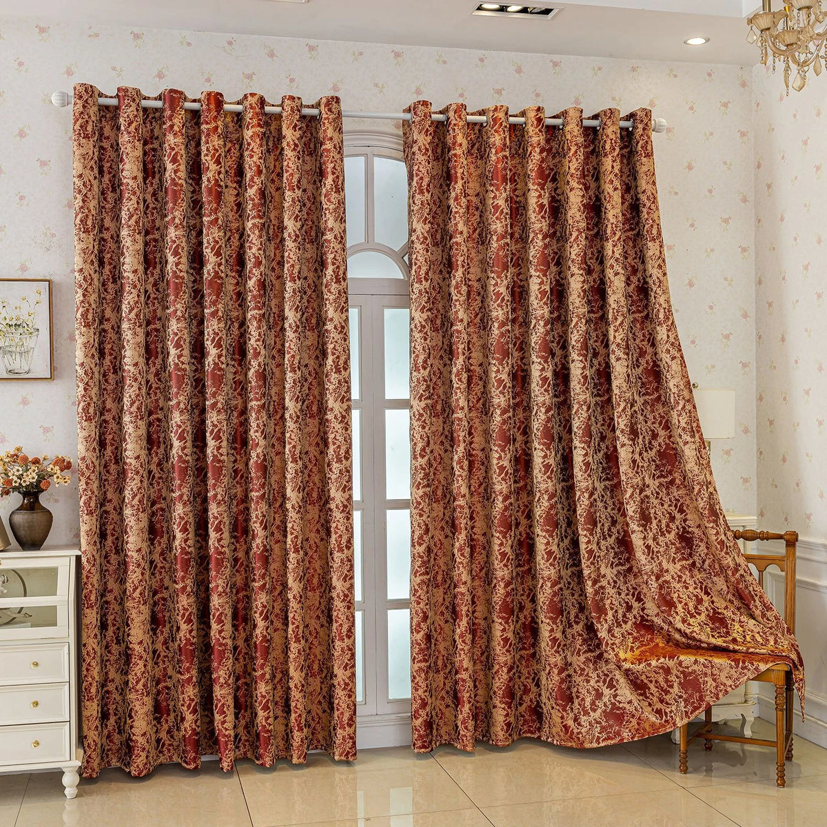 A pair of patterned, reddish-brown tree bark jacquard blackout curtain panels hanging in a light-colored room.