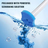 A blue scrubbing pad is shown under water, creating foam and cleaning action.