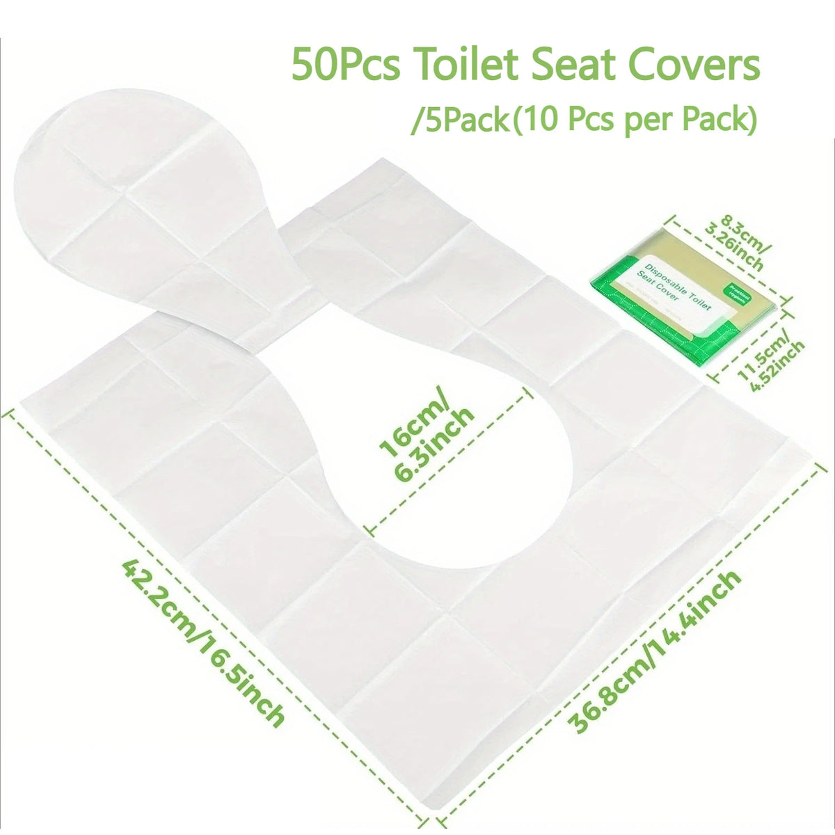 50 pieces of white disposable toilet seat covers packaged in 5 packs for travel and potty training