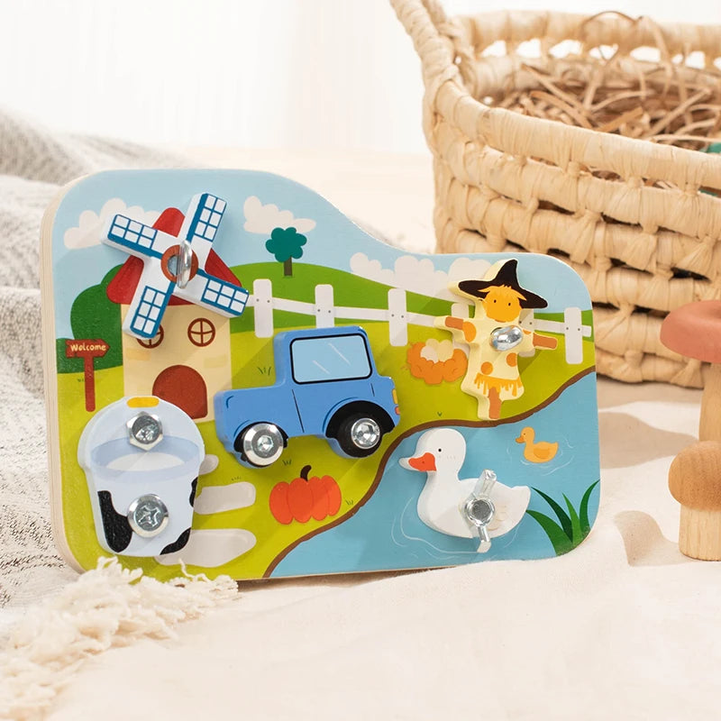 A wooden farm animal assembly toy featuring various animals, a tractor, and tools on a colorful background.