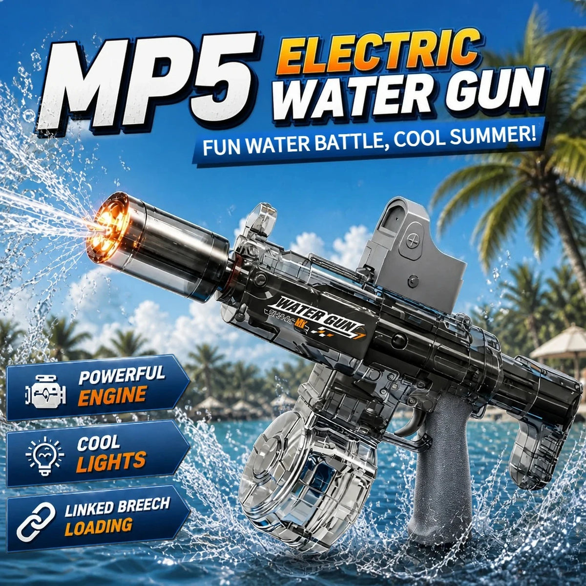 A silver electric water gun is shown firing a stream of water, set against a tropical background.
