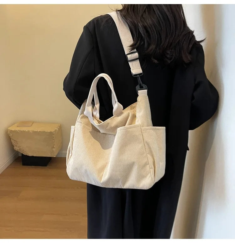 Multi-Pocket Corduroy Tote Bag – Large Capacity Casual Satchel for Travel, Work & Commute