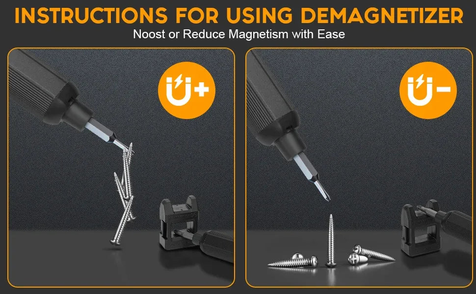 Instructions for using a demagnetizer showing a cordless screwdriver kit with various magnetic settings.