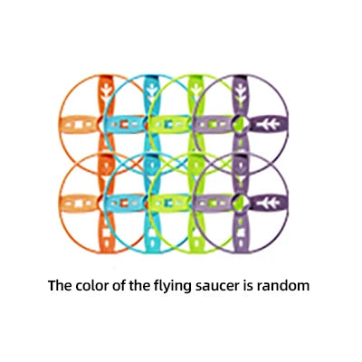 A grid of colorful pull-string flying saucer toys with various colors and designs.