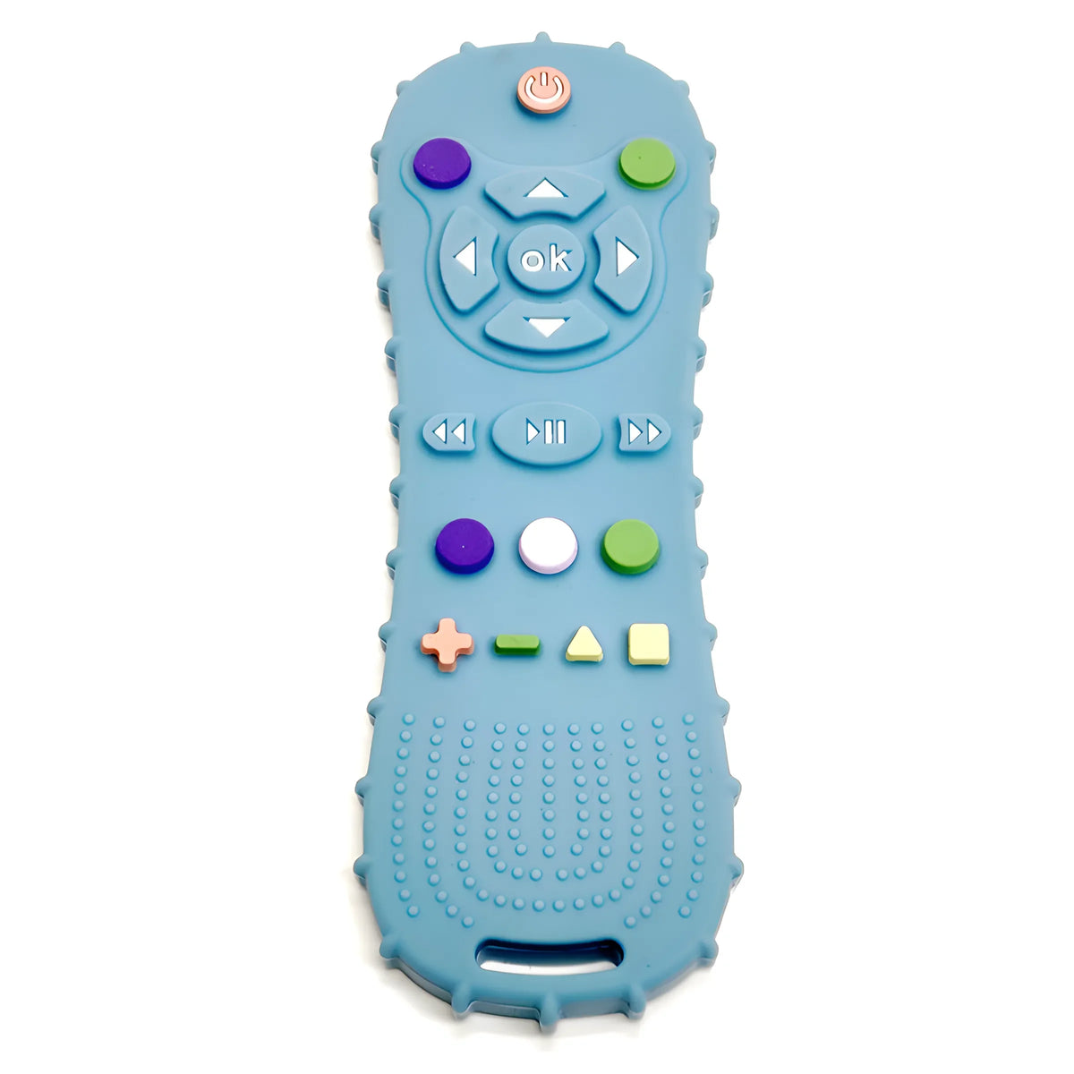 A light blue silicone baby teether with various buttons and a textured grip.