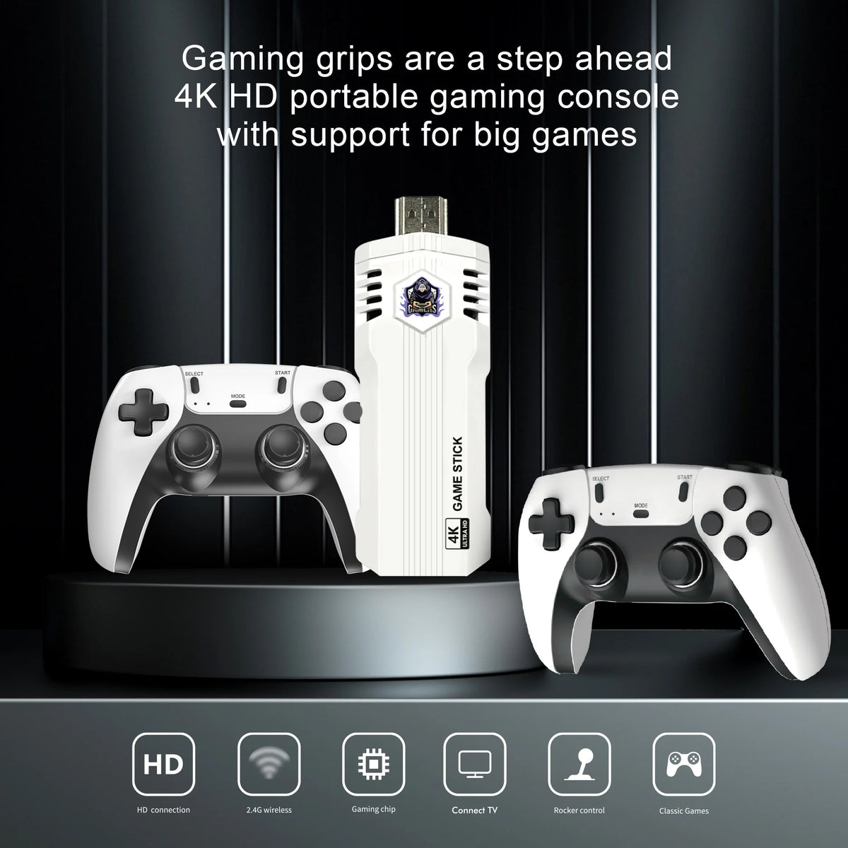 Configuration d'une console de jeu portable blanche avec manette et Game Stick, démontrant la capacité de jeu en HD 4K.