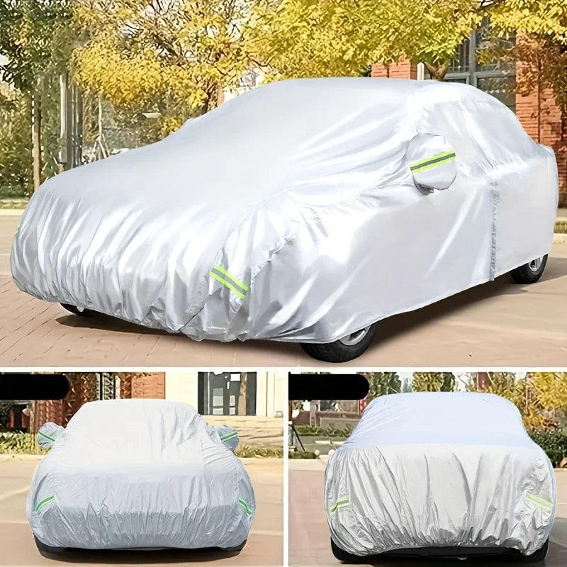 A white all-weather car cover protecting an SUV or sedan, shown in various angles.