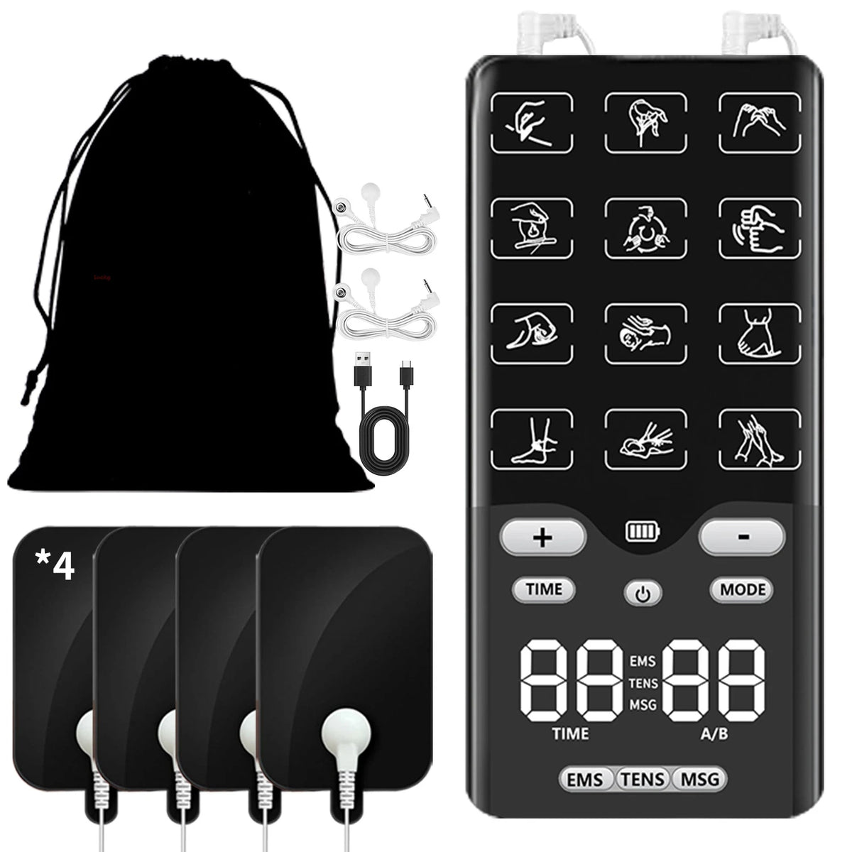 A black portable TENS and EMS muscle stimulator device with multiple modes and electrodes.