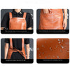An adjustable brown PU leather kitchen apron shown in various views highlighting features like shoulder straps and pockets.