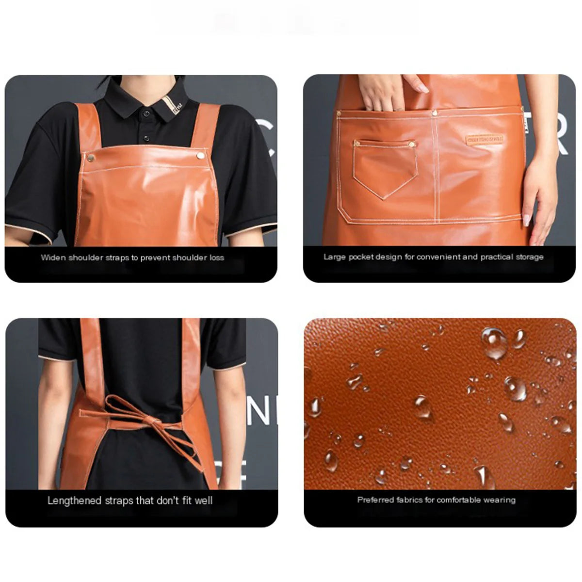 An adjustable brown PU leather kitchen apron shown in various views highlighting features like shoulder straps and pockets.