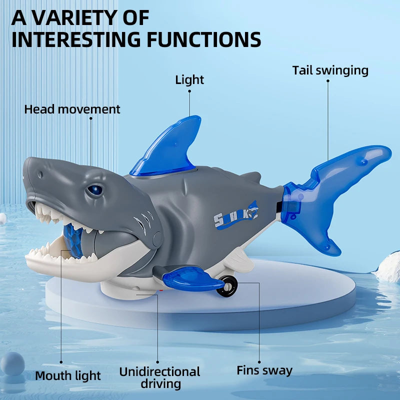 A gray shark toy demonstrating various functions including light, tail swinging, and fins sway.