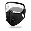 Black reusable cycling face mask with a clear shield and removable components.