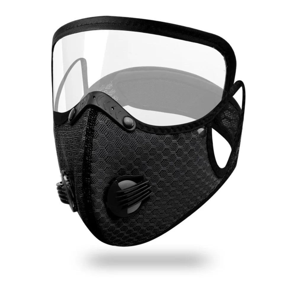 Black reusable cycling face mask with a clear shield and removable components.