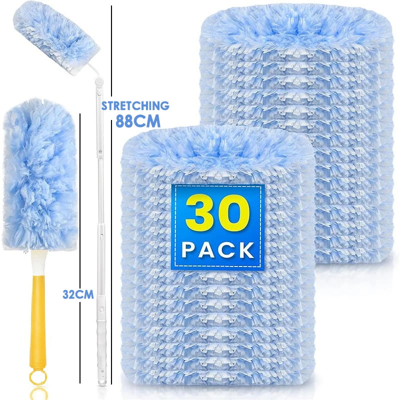 A blue electrostatic duster with a stretching handle and a fluffy cleaning head is shown next to a large pack of the same blu