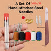 A set of 36/34/31 hand-stitched steel sewing needles with a syringe and thread removal knife shown on a hand.