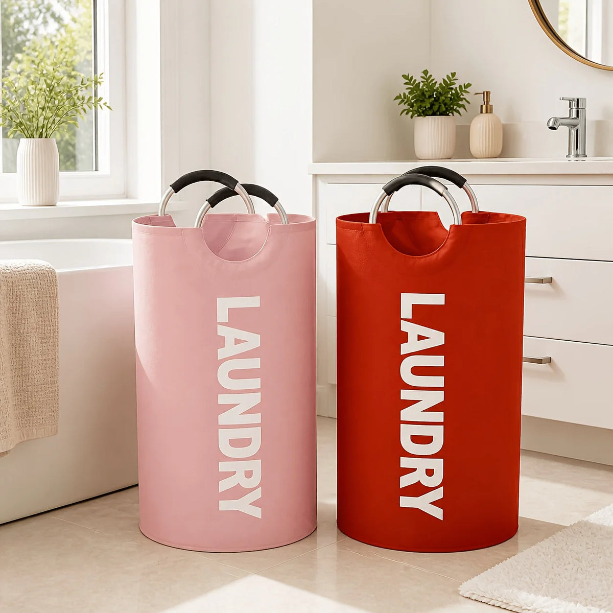 A pair of pink and orange foldable laundry hampers with black hanging rods sitting on a light floor.