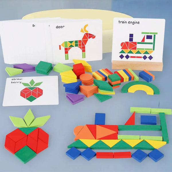 Wooden Shape Matching Puzzle Set with 102 Blocks and 48 Cards