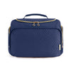 Navy quilted travel toiletry bag with a gold zipper and handle