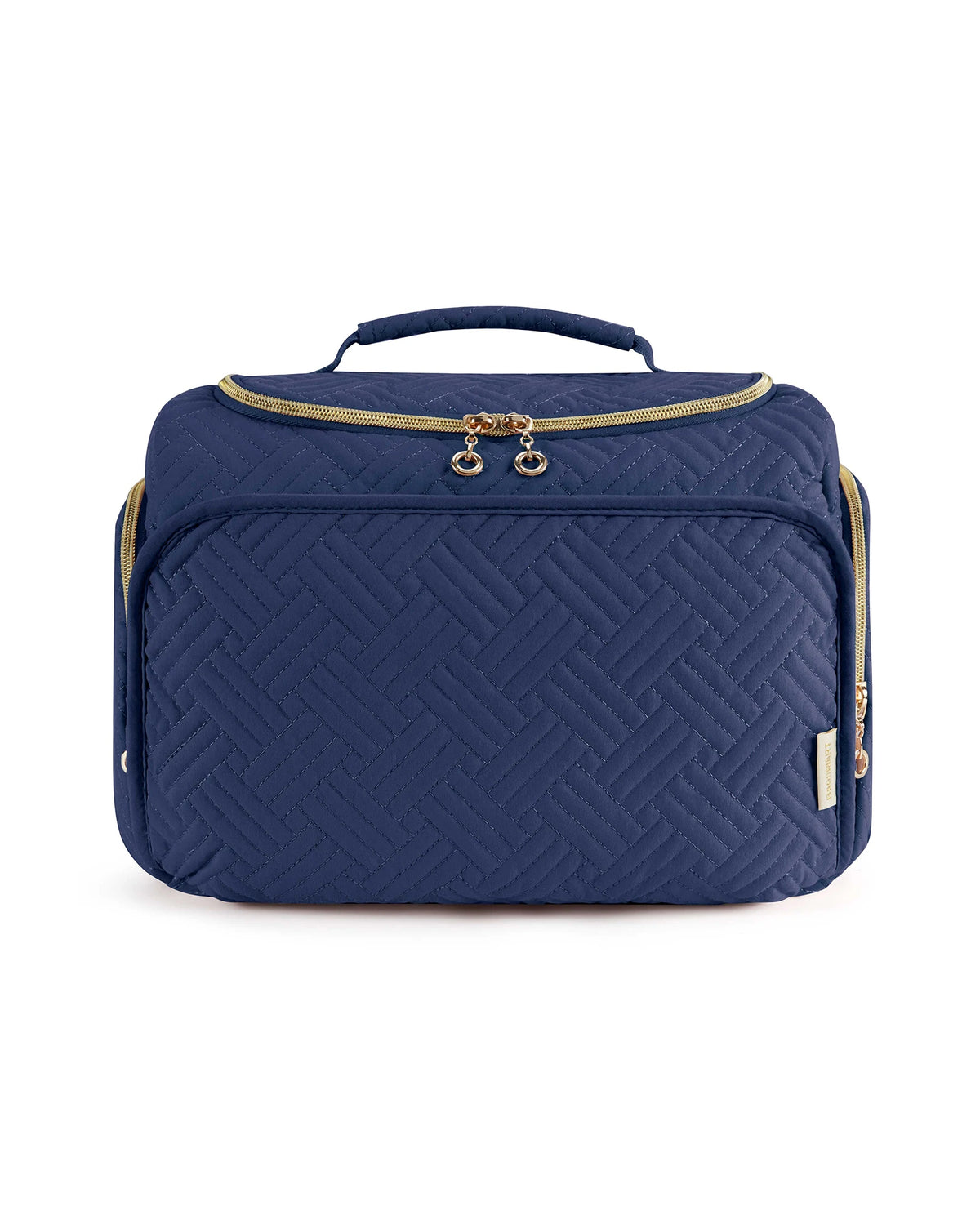 Navy quilted travel toiletry bag with a gold zipper and handle