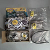 A set of premium metal spinning tops and related accessories packaged in cardboard and plastic bags.