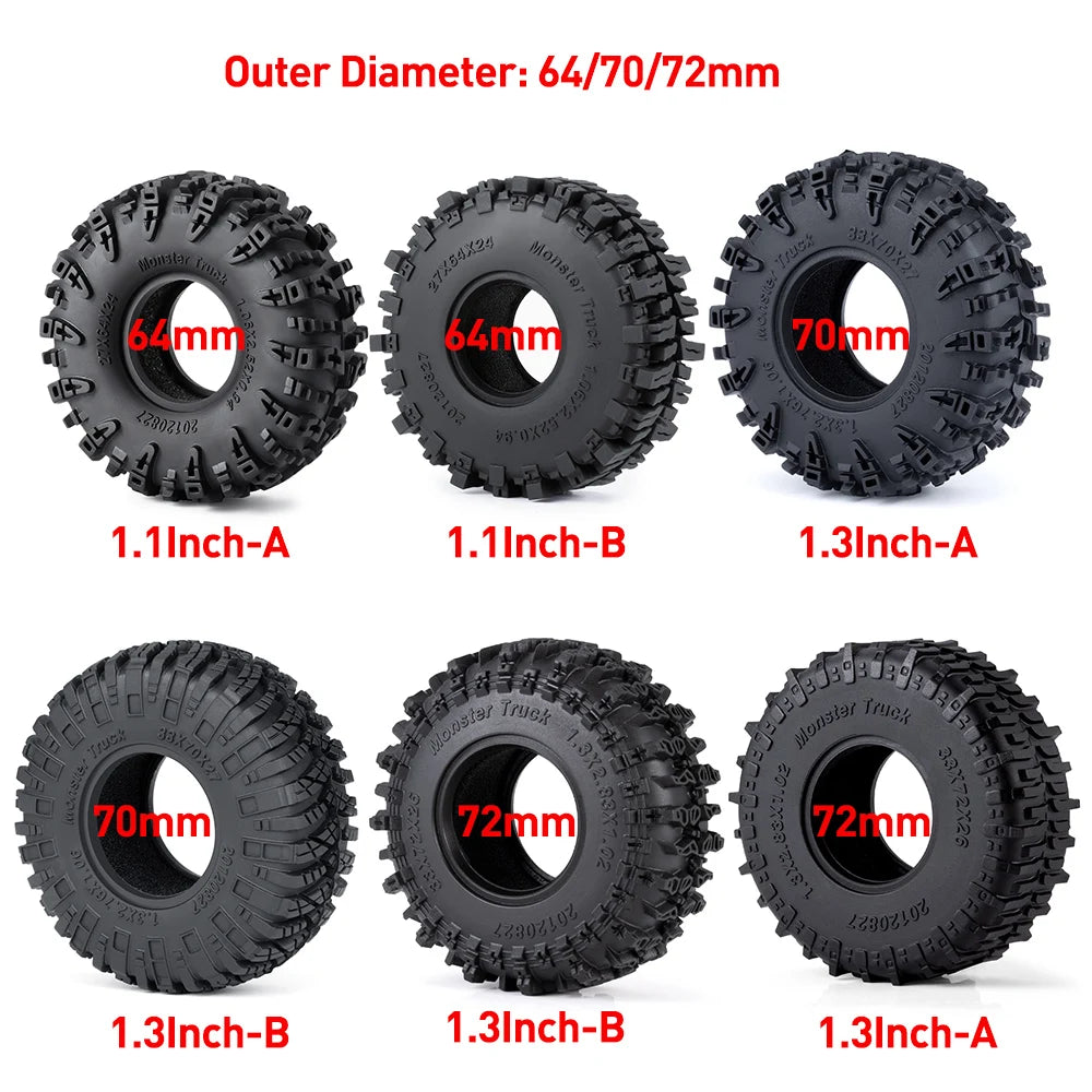 Set of black mud terrain tires with various outer diameters and sizes for RC crawlers