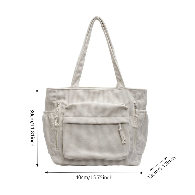 Classic Corduroy Tote Bag with Multiple Pockets