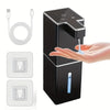 A black touchless infrared smart soap dispenser is shown with a hand dispensing liquid soap.