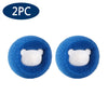 Two blue reusable laundry balls with white panda-shaped inserts for pet hair and lint removal