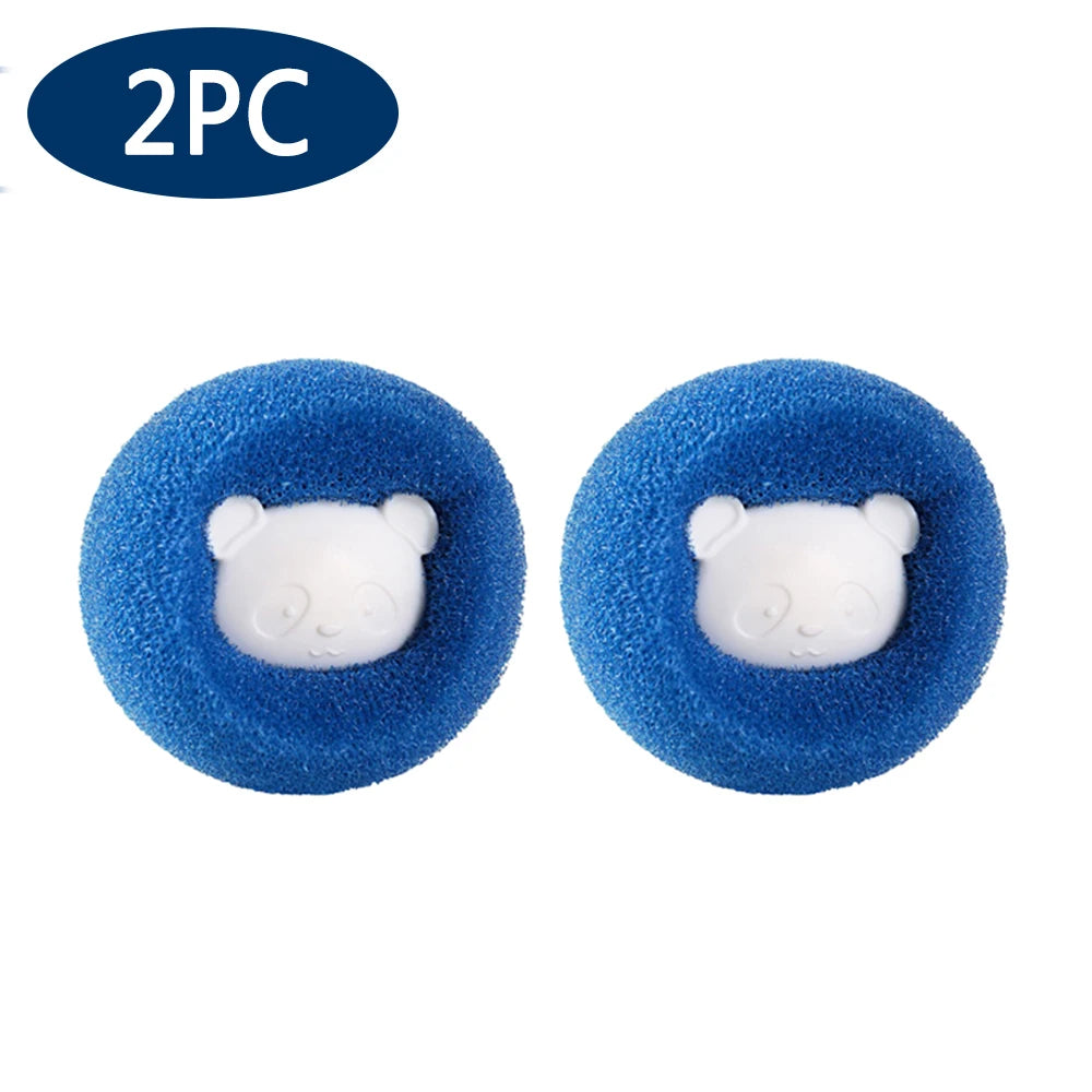 Two blue reusable laundry balls with white panda-shaped inserts for pet hair and lint removal