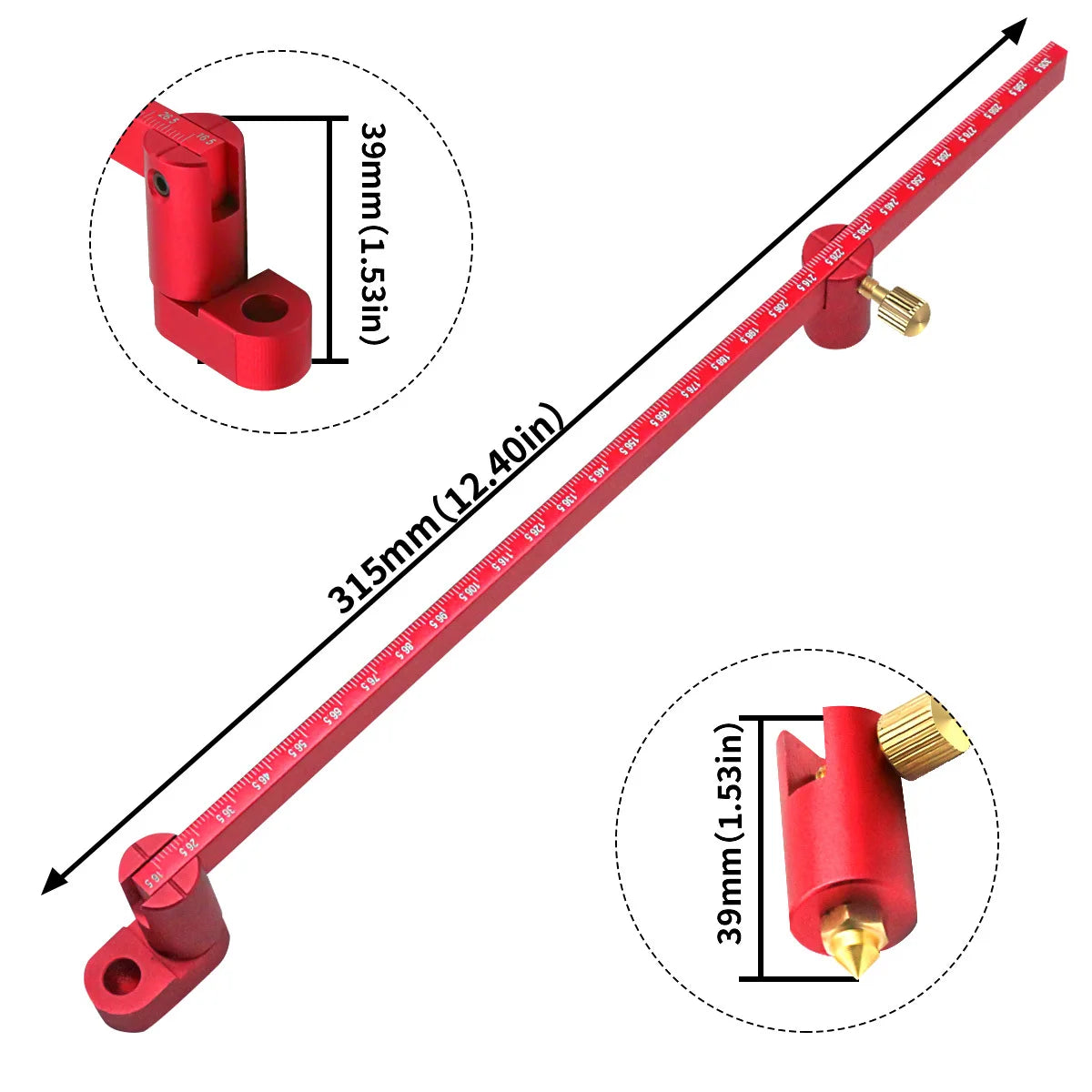 A long red aluminum circle drawing ruler and center finder with various sized holders for woodworking