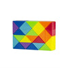 A colorful, transformable fidget puzzle toy made of interlocking triangular pieces in rainbow colors.
