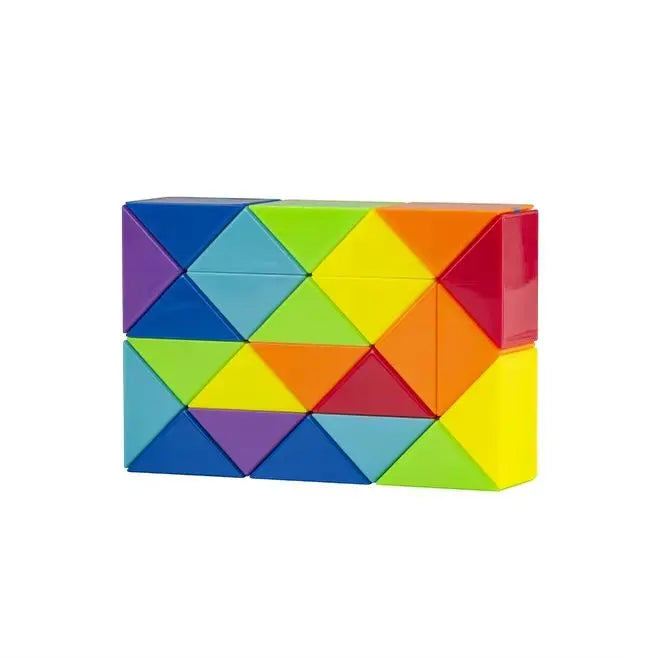 A colorful, transformable fidget puzzle toy made of interlocking triangular pieces in rainbow colors.