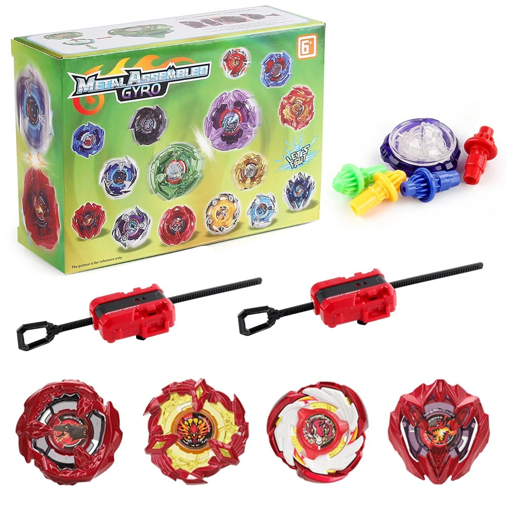 Metal Assemble Gyro spinning top battle set with launchers and various colored tops