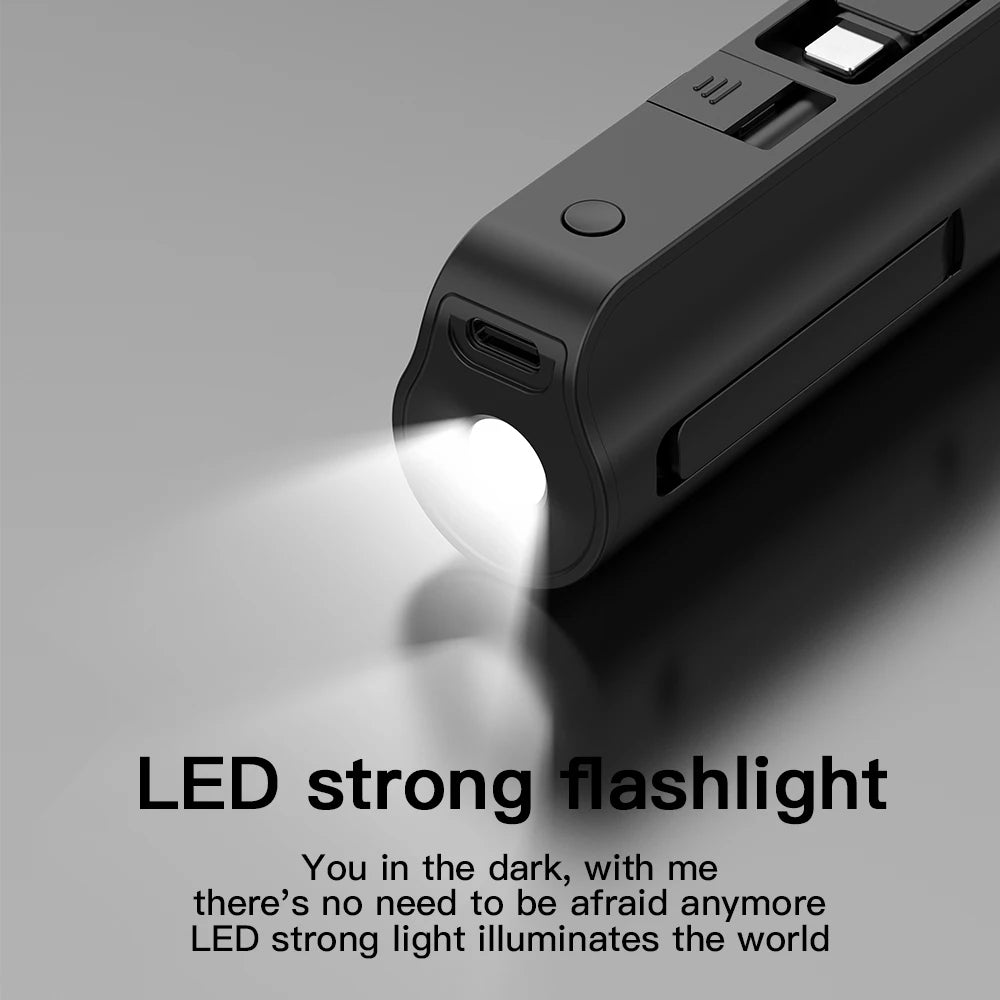 Pocket-Size 5000mAh Power Bank with Built-in Cable, LED Light & Phone Stand