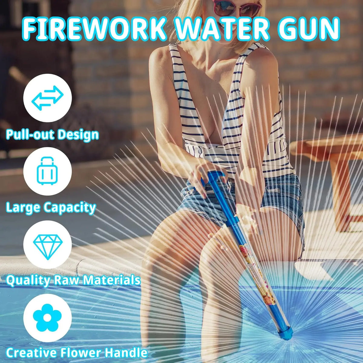 A woman is holding a colorful water gun toy with a flower-shaped handle, demonstrating its pull-out design and large capacity