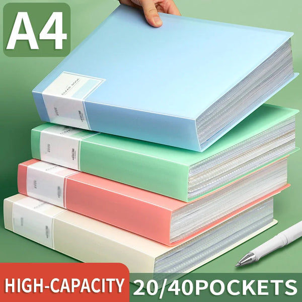 A stack of colorful A4 document folders in various shades of blue, green, and pink with clear pockets.
