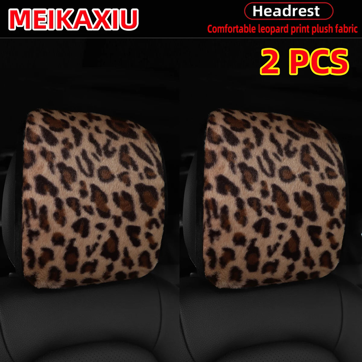 Leopard Print Plush Car Headrest Cover, Set of 2