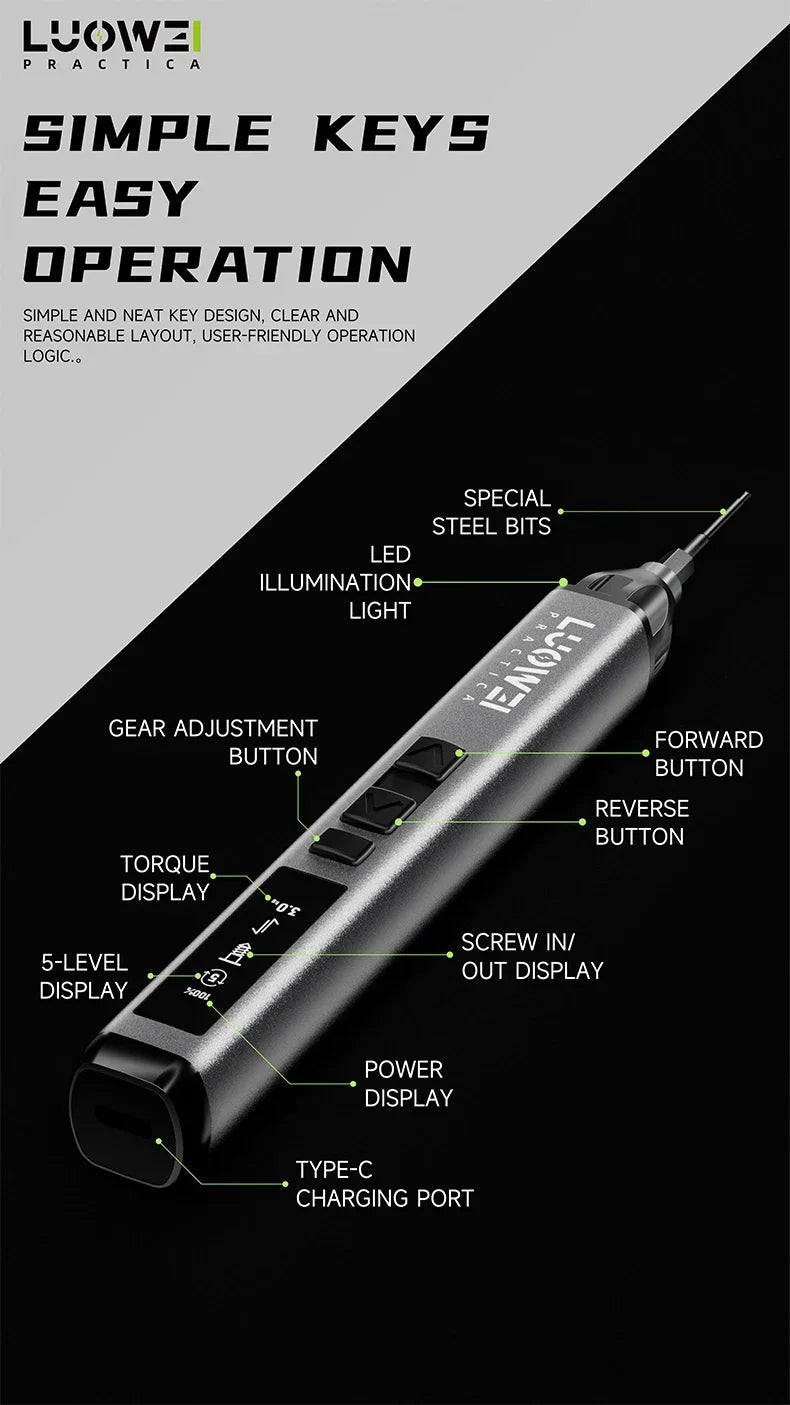 A precision electric screwdriver with various buttons, a torque display, and an LED light is shown against a dark background.