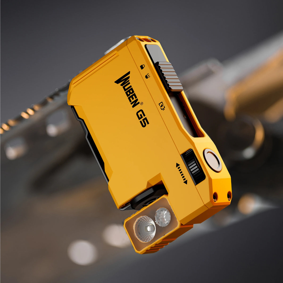 A yellow Wuben G5 compact rechargeable flashlight is shown in a close-up view against a dark background.