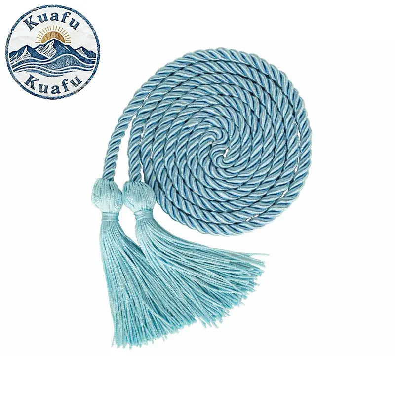 Blue graduation honor cords with tassels featuring double fringe trim for ceremonies and crafts