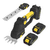 A black and yellow 2-in-1 cordless grass shear and hedge trimmer tool with a metal blade and two batteries.