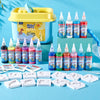 A collection of DIY 3D Water Elf craft kits and bottles in various colors displayed next to a yellow storage container.