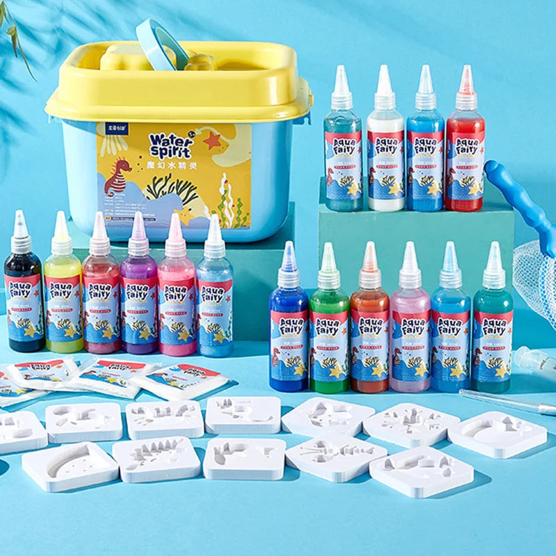 A collection of DIY 3D Water Elf craft kits and bottles in various colors displayed next to a yellow storage container.