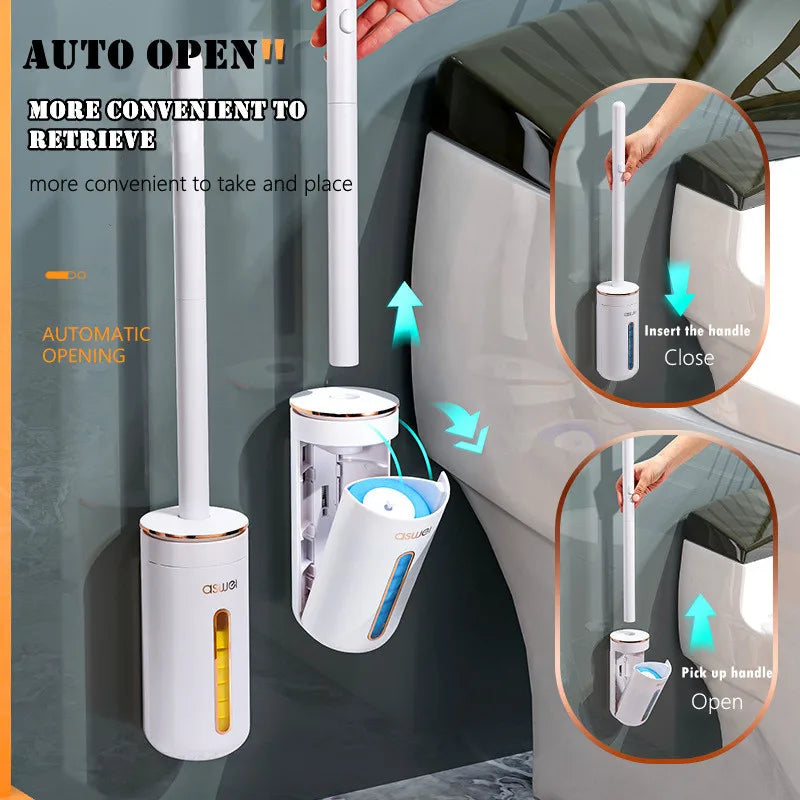 A wall-mounted disposable toilet brush set with a handle and refill heads is shown being inserted and removed from a toilet b